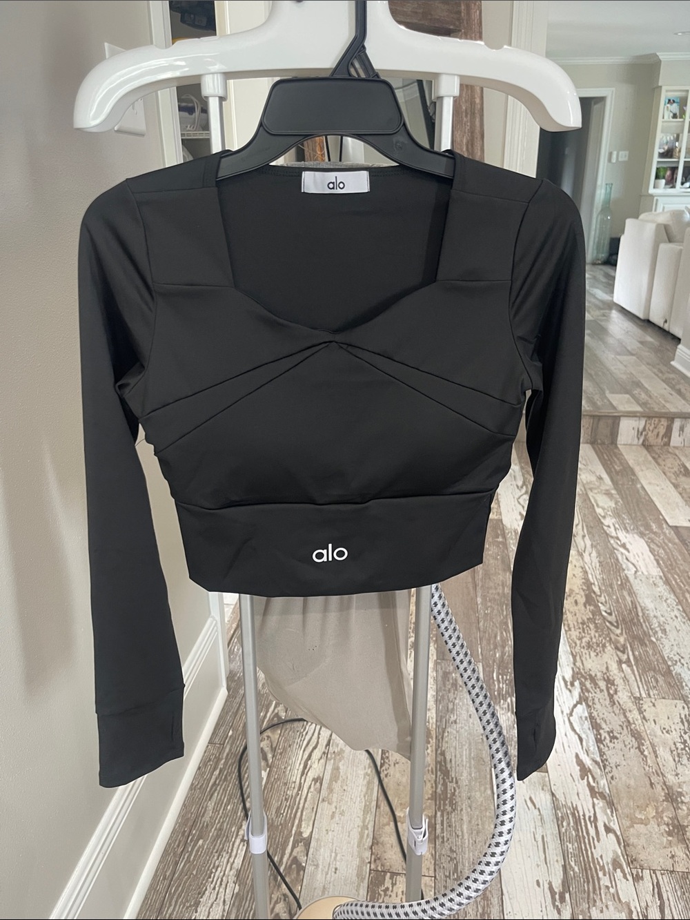 ALO Yoga Black Long-Sleeve Cropped Performance Top with Square Neck